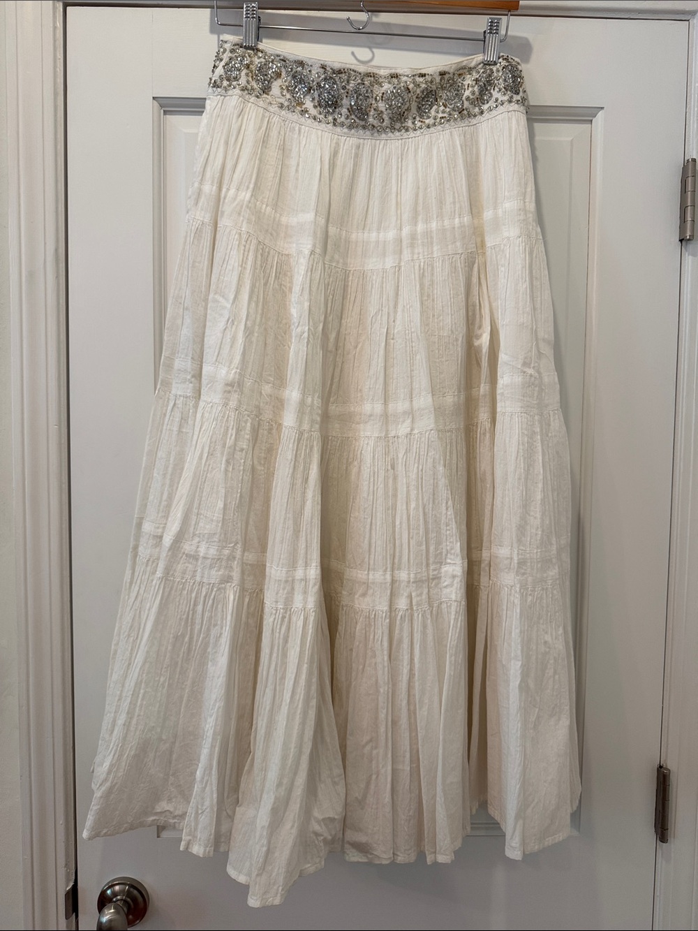 BCBG White Boho Maxi Skirt with Beaded Waistband (2005)